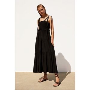 Zara smocked tie shoulder strappy tiered maxi midi dress black ruffle trim small